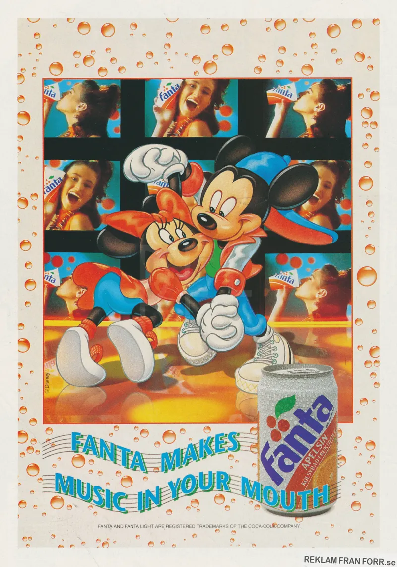 Reklam för drycken Fanta med en illustration av Musse Pigg och Mimmi Pigg som dansar