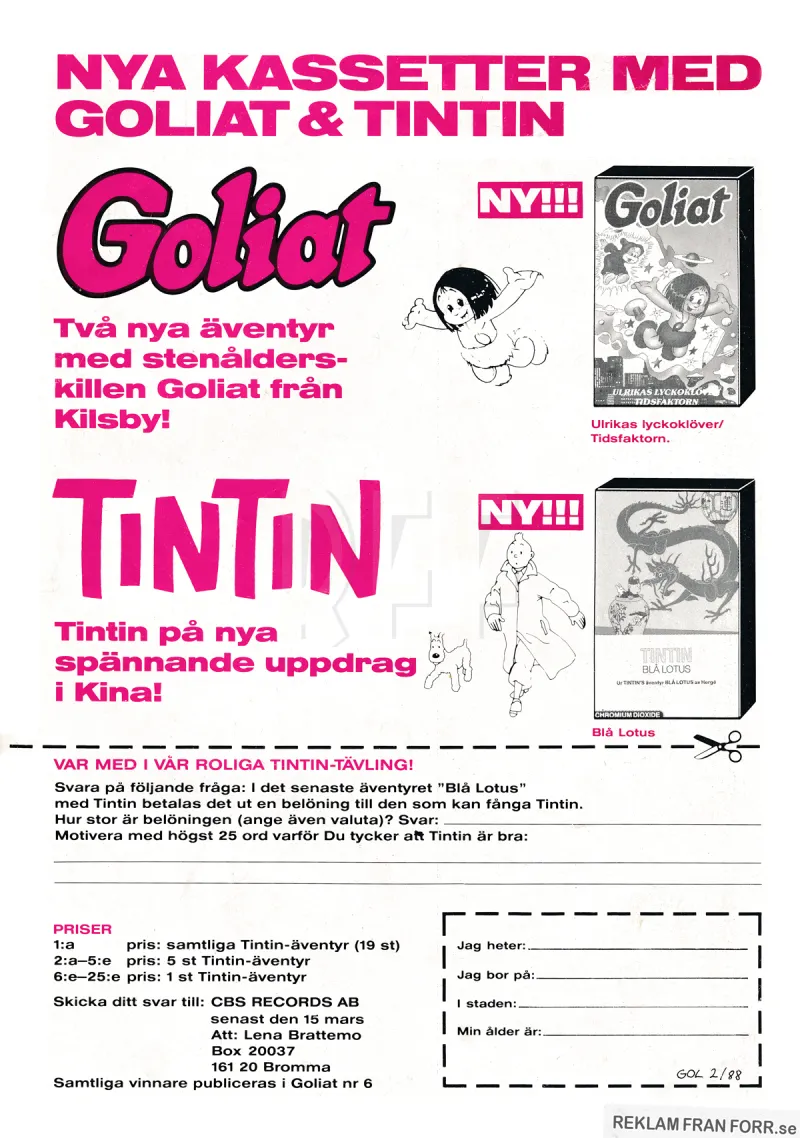 Reklam för en tävling med Tintin och Goliat där man kan vinna kassetter med berättelser på