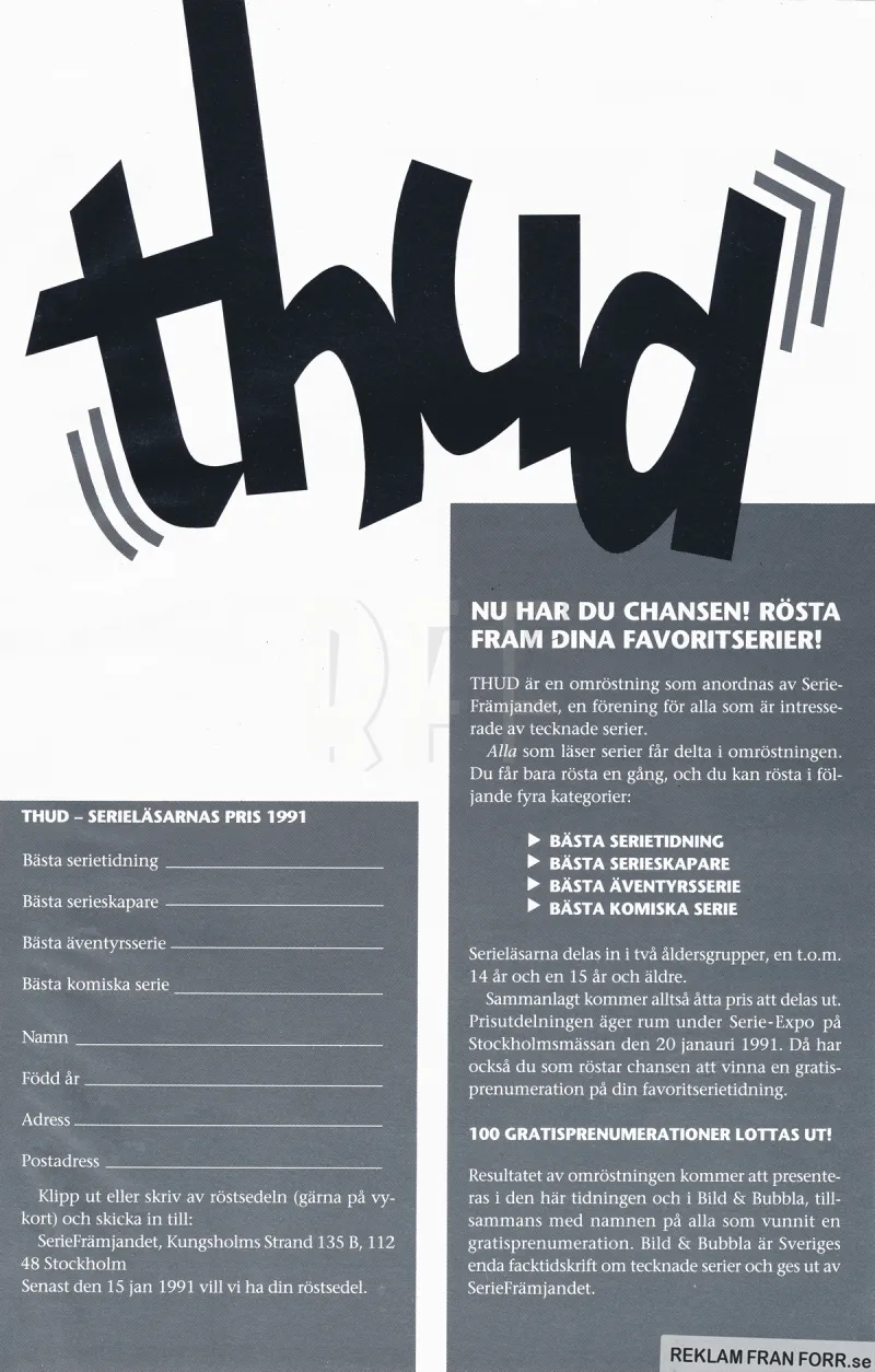 Reklam för tävlingen THUD som anordnas av Seriefrämjandet