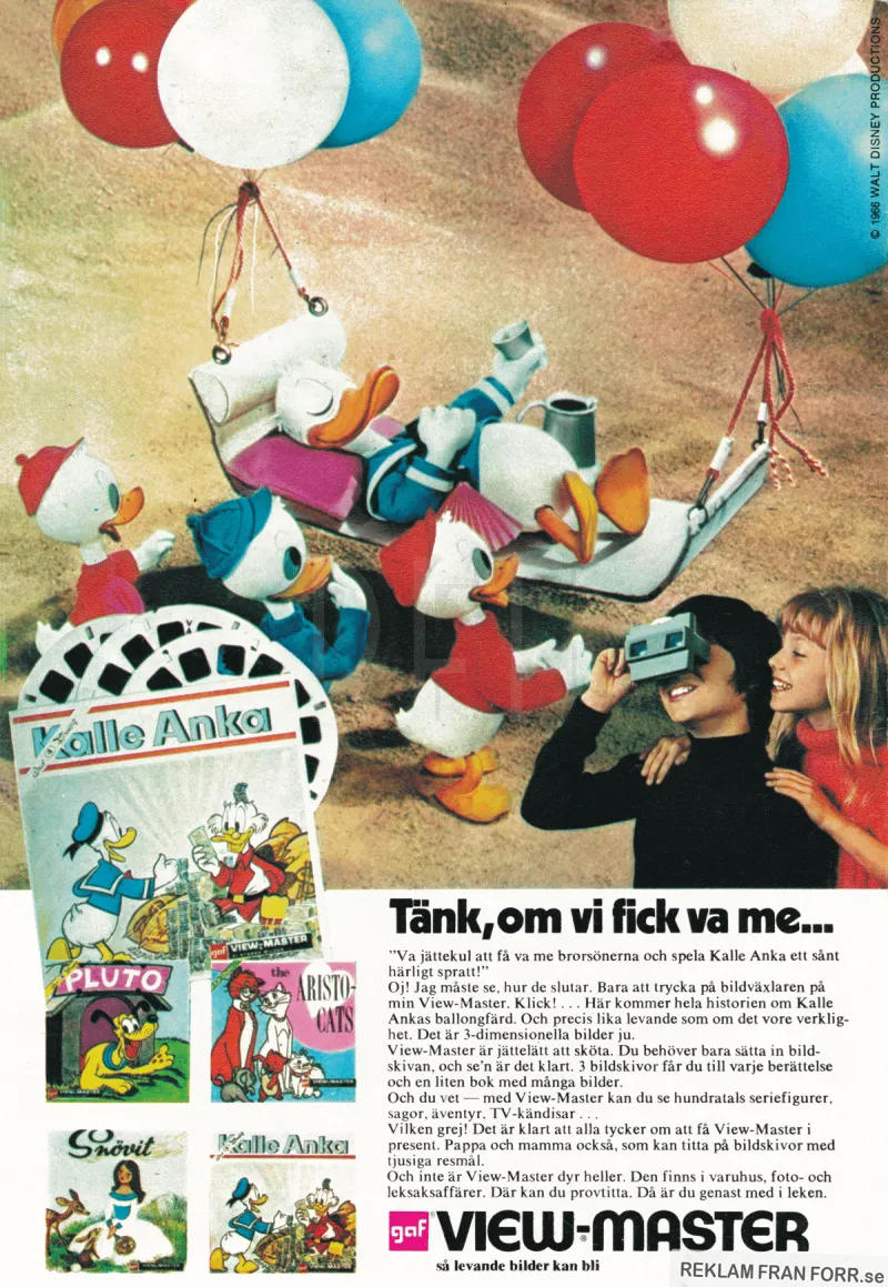 Reklam för View-Master och skivor med bland andra Kalle Anka och Pluto
