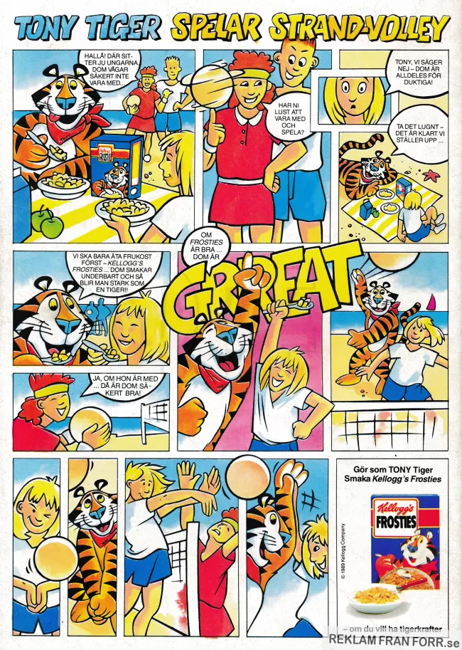 Annons för Kelloggs Frost Flakes i serieformat där maskoten Tony Tiger spelar volleyboll på stranden