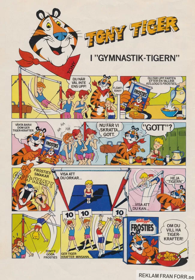 Reklam i serieformat med Tony Tiger sommedhjälpare i gymnastiken