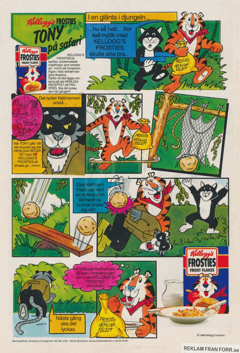 Reklam för Frost Flakes från Kellogg's där Tony Tiger är på safari och träffar Kattmannen igen