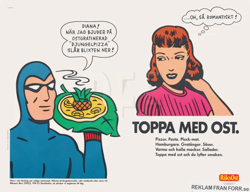 Reklam för Riksost med seriefigurerna Fantomen och Diana