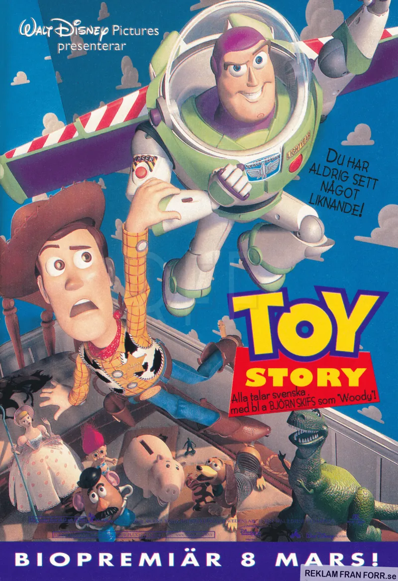 Reklam för filmen Toy Story som enligt reklamen ska gå upp på bio 1996