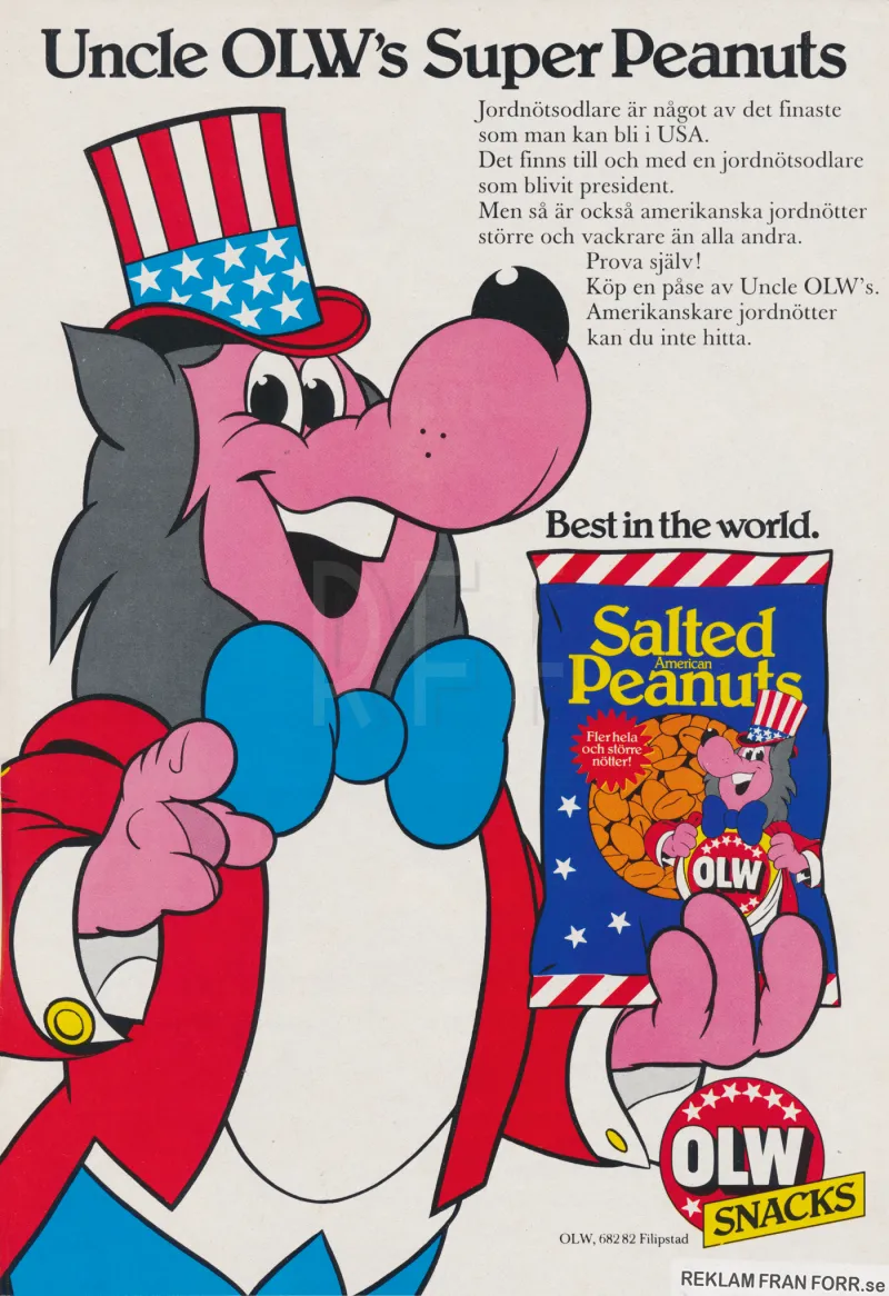 Reklam för jordnötter från OLW där varg-maskoten Ulven håller upp en påse jordnötter