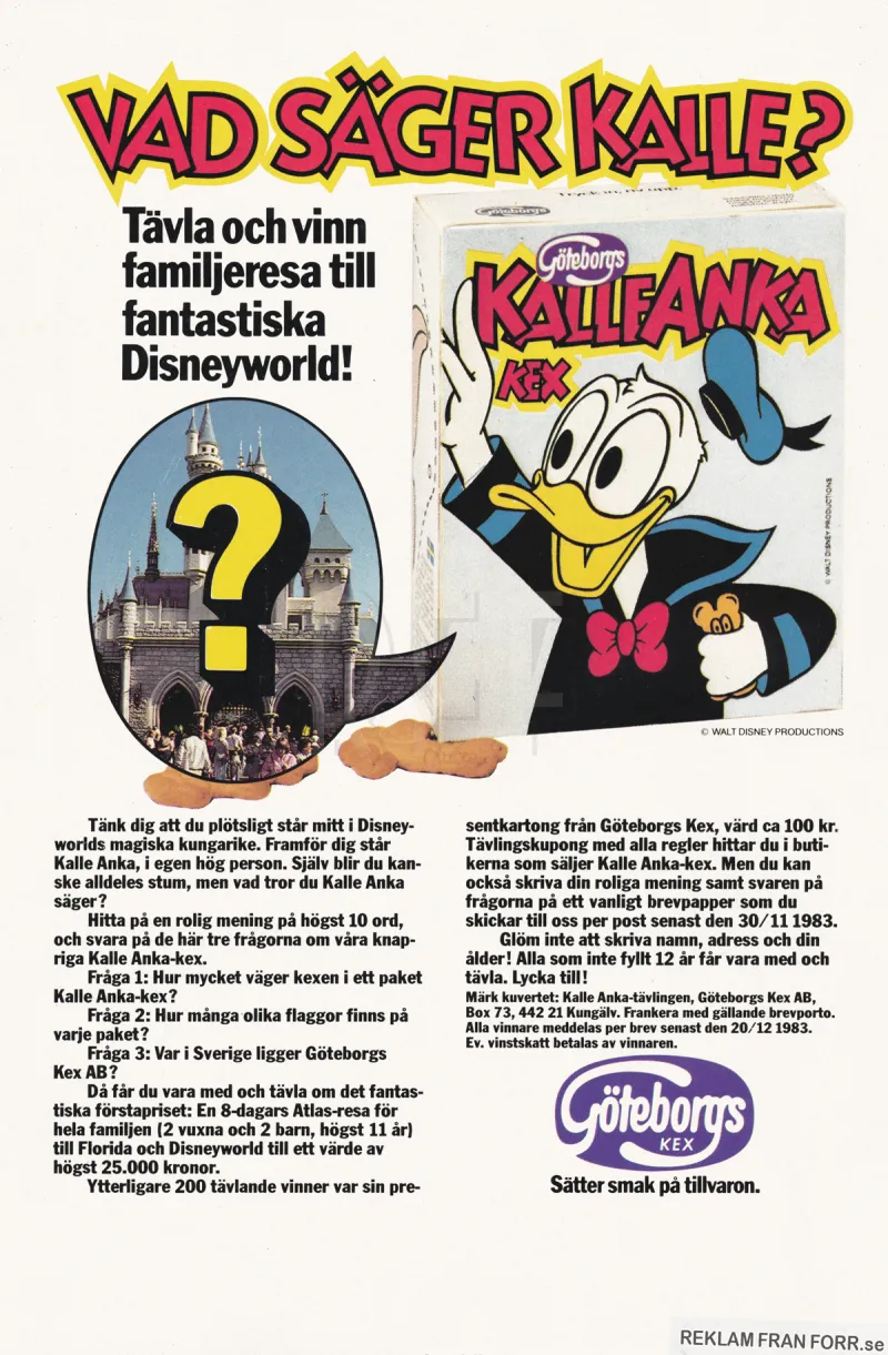 Reklam för en tävling med Göteborgskex där vinsten är en resa till Disneyworld i Florida