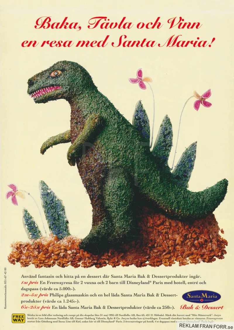 Reklam för bakprodukter från Santa Maria. Bilden visar ett bakverk i formen av en dinosaurie med strössel på.