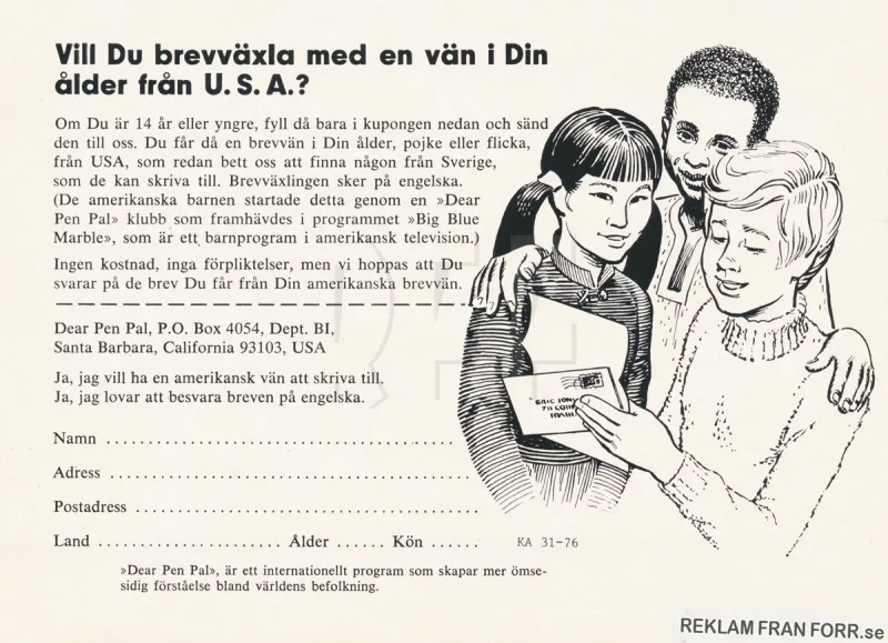 Reklam för Dear Pen Pal en tjänst där du kan hitta en brevvän i USA