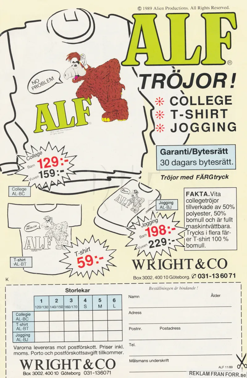 Annons för kläder med motiv från tv-serien ALF på. Wright & Co är de som gör kläderna.
