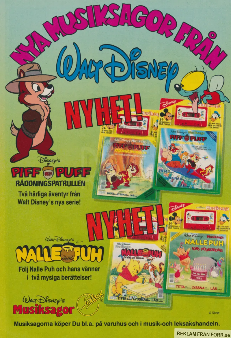 Reklam för nya musiksagor från Walt Disney med bland andra Räddningspatrullens Piff & Puff