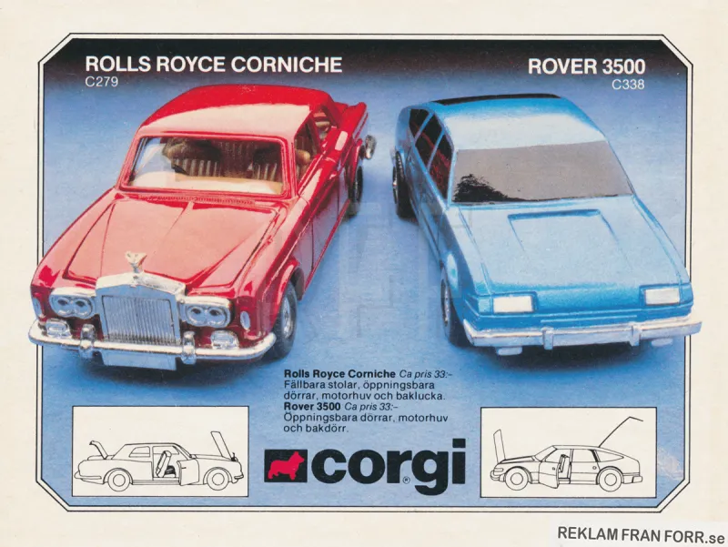 Annons med två nya leksaksbilar från Corgi Toys