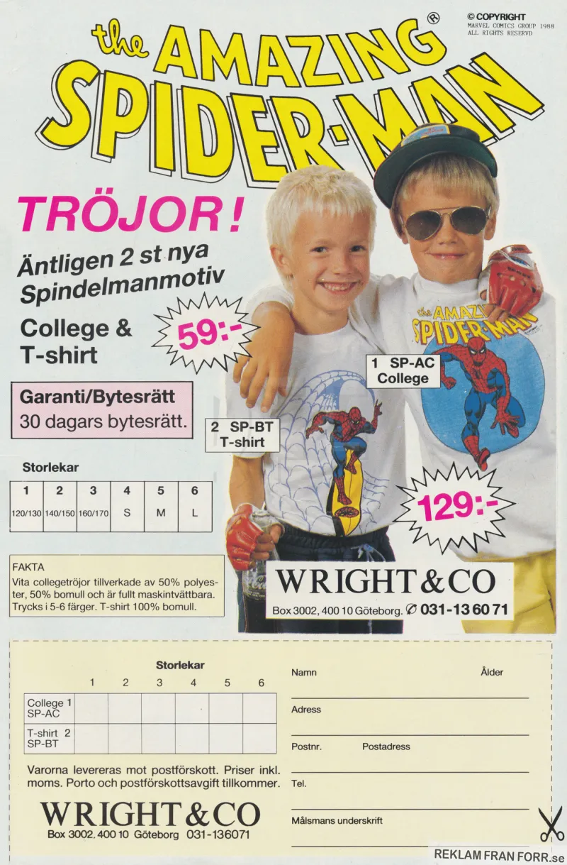 Reklam för Wright & Co som tillverkar tröjor och t-shirts med motiv från Spindelmannen