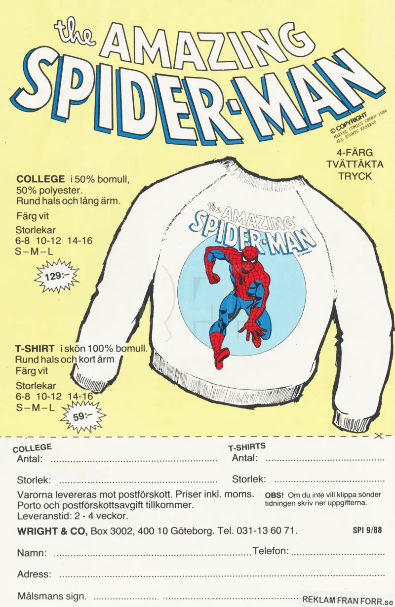 Reklam från Wright & Co som säljer tröjor med Spinderman-tryck