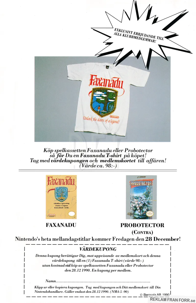 Reklam för Nintendo-spelen Faxanadu och Probotector