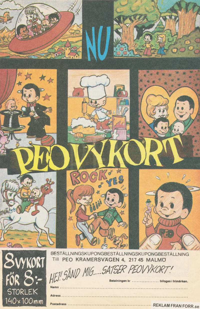 Internreklam för försäljning av vykort med motiv av serietidningen Peos figur Peo