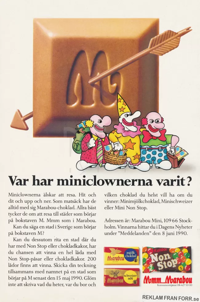Reklam för choklad och godis från Marabou med deras maskotar mini-clownerna