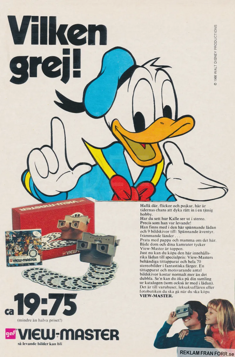 Annons för View-Master där det lyfts fram att man kan se Kalle Anka i 3D med View-Master