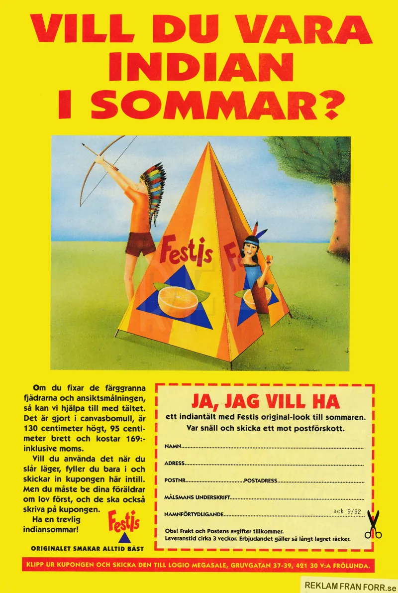 Annonserbjudande om att kunna köpa ett indiantält med reklam för drycken Festis