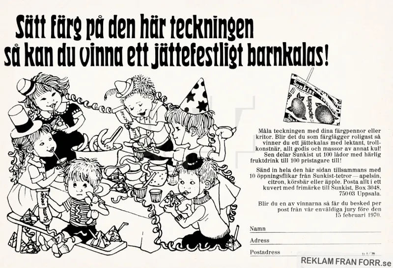 Annons för en tävling med Sunkist där den som färglägger en teckning finast vinna ett barnkalas!