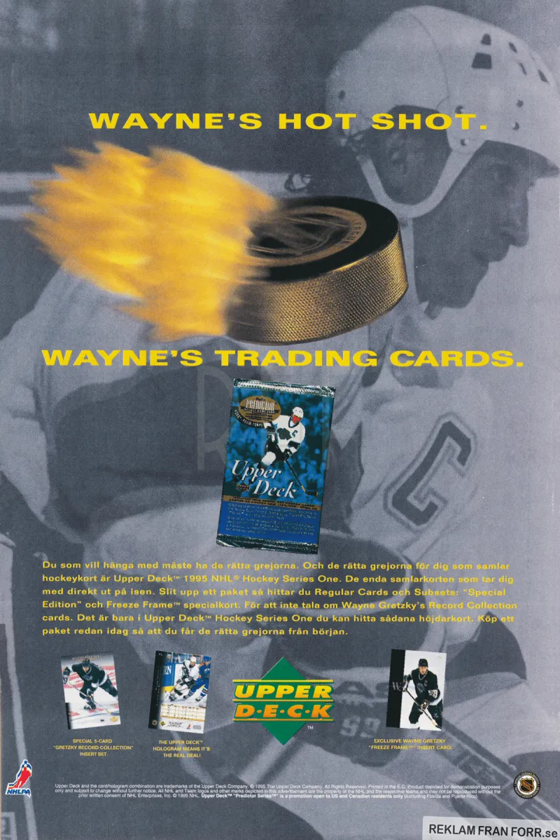 Reklam för samlarkort med hockeymotiv från Upper deck