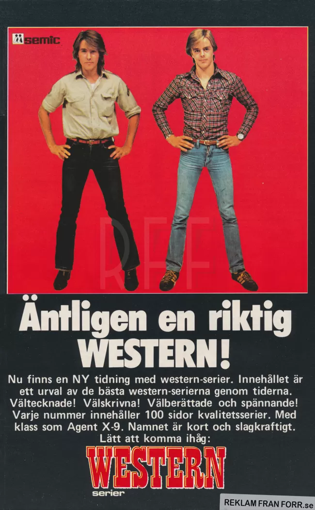 Reklam för serietidningen Westernserier med två killar mot en röd bakgrund