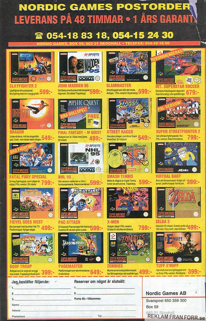 Reklam för Nordic games AB som säljer tv-spel på postorder