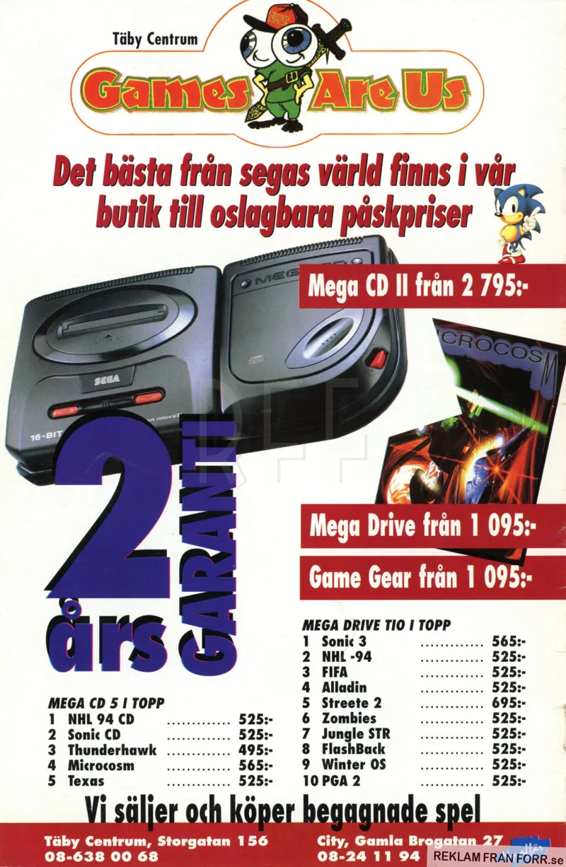 Reklam för Games are us i Täby och Stockholm som erbjuder SEGA-konsoller