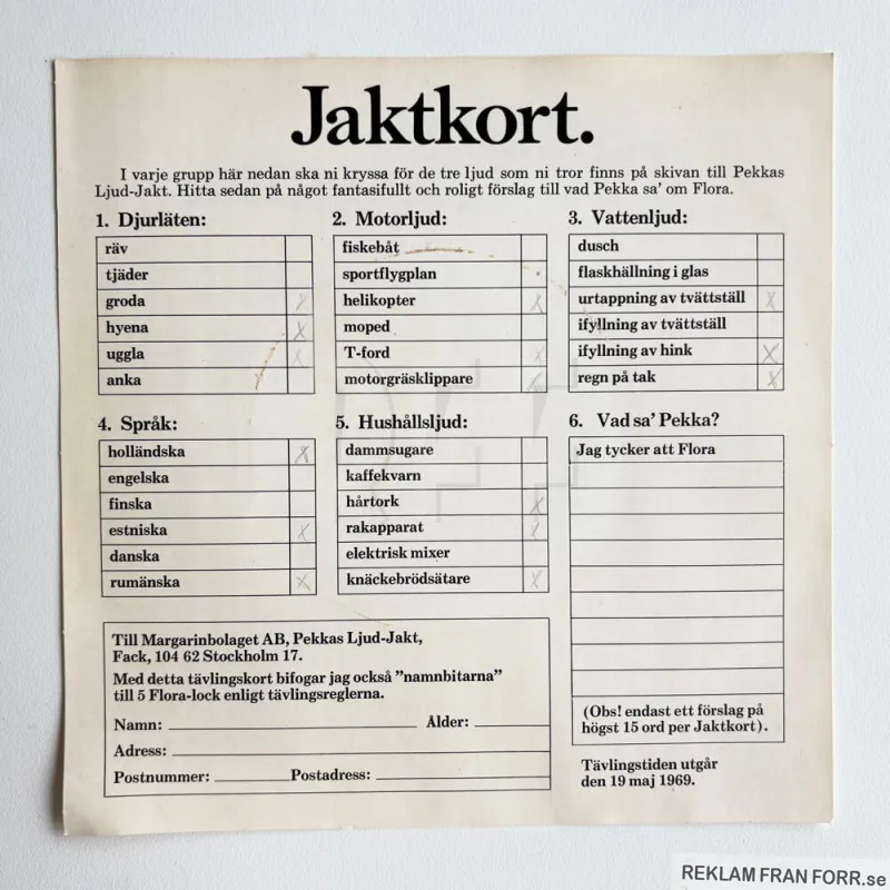 Inlaga till singeln Pekkas Ljud-Jakt, reklam från Flora