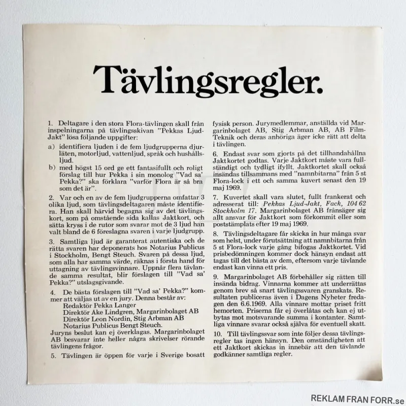 Inlaga till singeln Pekkas Ljud-Jakt, reklam från Flora