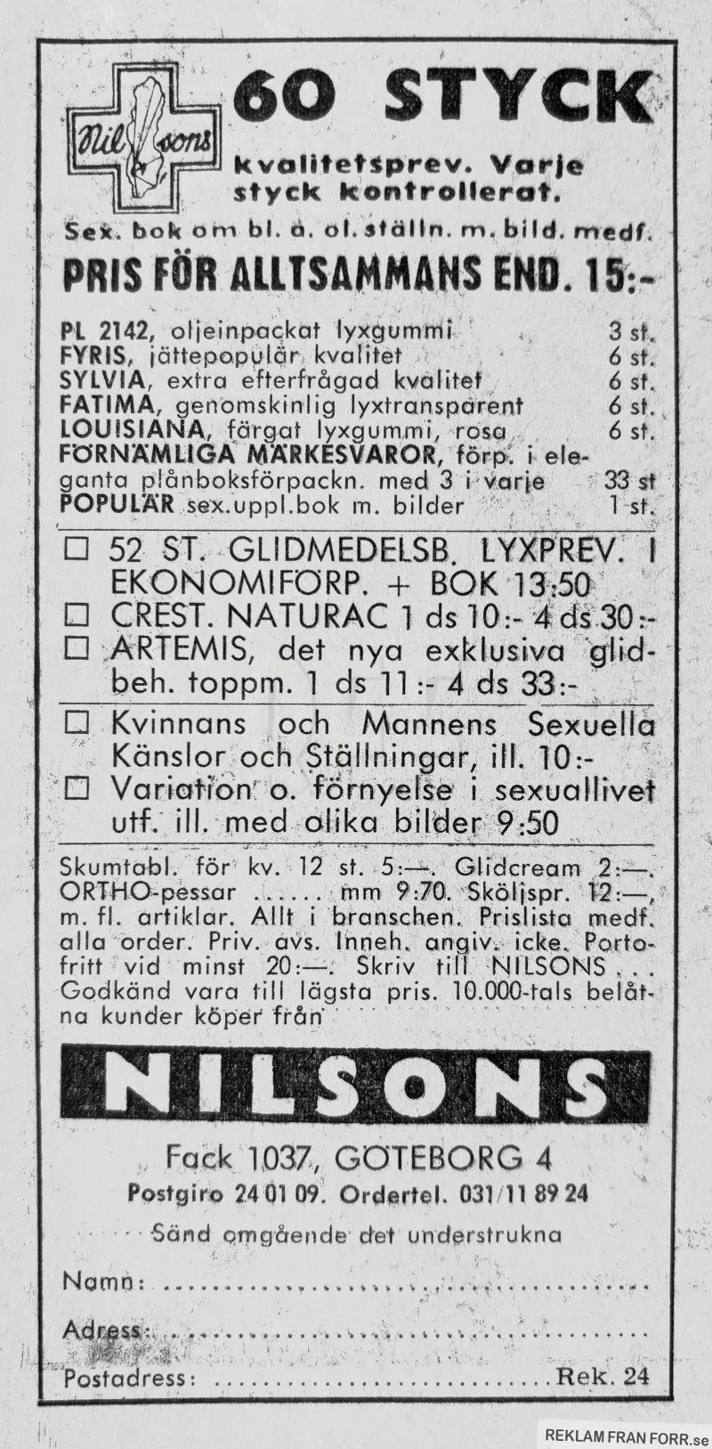 Reklam för Nilsons som säljer sexupplysningsmedel