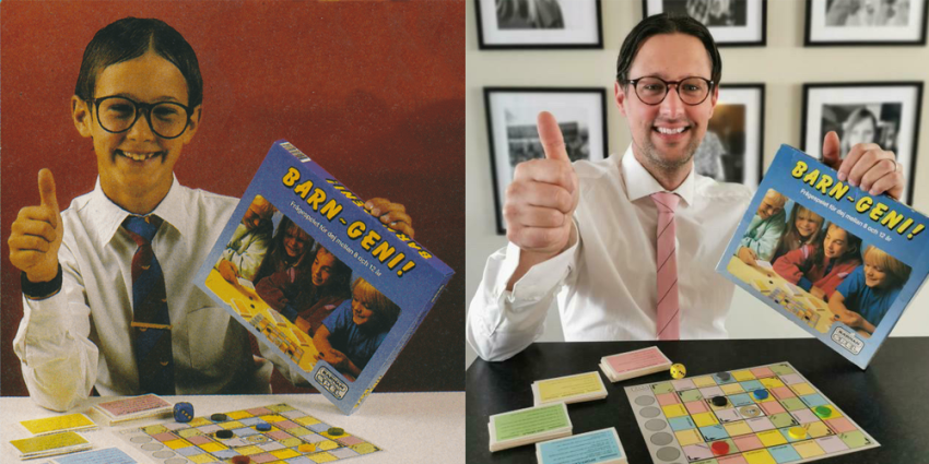 Ted Kideborn, dels som barn och dels som vuxen i samma annons-stajl