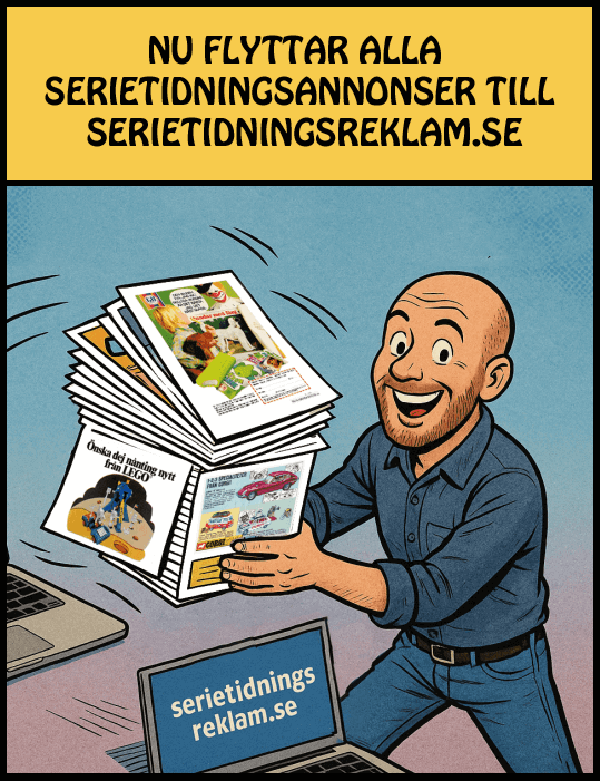 En illustrerande bild med en person som flyttar en hög med annonser mot en dator som har webbadress serietidningsreklam.se på skärmen