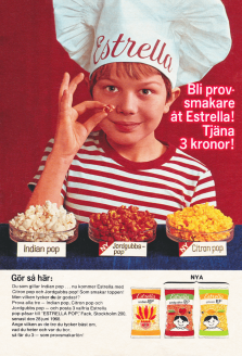 Reklam från Estrella som visar upp tre olika sorters popcorn med olika smaker