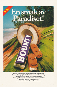 Reklam för chokladbiten Bounty med sin slogan "En smak av paradiset"