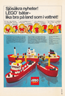 Reklam för LEGO med en kort seriestripp och sedan en produktbild på båtar ifrån LEGO