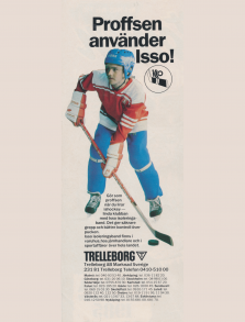 Reklam för Isso isoleringsband, den svarta tejp som man kan linda in nederdelen av ishockeyklubban för bättre grepp