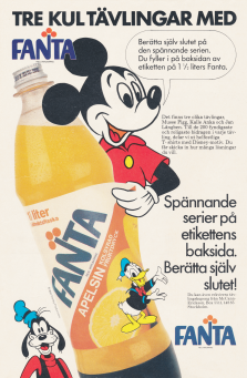 Reklam för drycken Fanta med Musse Pigg och Långben som syns i annonsen