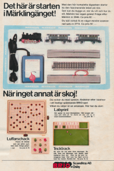 Annons för BRIO med produkter som Märklin järnväg, luffarschack, labyrintspel med mera