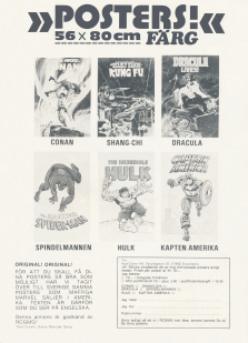 Reklam för postorderförsäljning av affischer med motiv av Marvels superhjältar