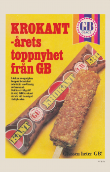 Reklam för GB Glass nyhet: Krokant. Bilden visar förpackningen, samt en nätströdd glass.