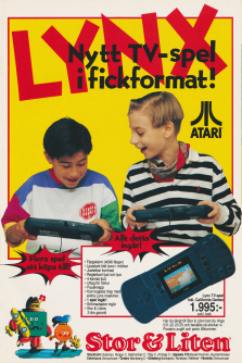 Annons från Stor & Liten för Ataris spelkonsoll Lynx, med två pojkar som sitter och spelar mot varandra