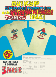 Reklam för postorderförsäljning av t-shirts med motiv av Marvels superhjältar