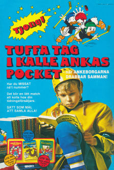 Reklam för Kalle Anka Pocket där en hockeyklädd kille sitter och läser pocketboken