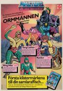 Reklam för nya leksaker från Masters of the universe, bland annat ormmännen Tung Lashor, King Hiss och Rattlor