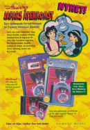 Reklam för sagan Aladdin 2 - Jafars återkomst som visar upp CD-skiva, kassettband och musiksaga