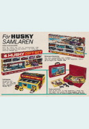 Reklam för leksaker från Husky, garage och bilar samt en väska för att samla sina bilar
