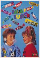 Reklam för Dandy tuggummi med en pojke och en flicka med en massa tuggummi runt sig