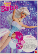 Annons för en variant av dockan Barbie som har vingar som man kan använda som såpbubbelframkallare om man doppar dem i såpbubbellösning