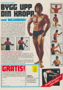 Reklam för träningsredskapet Bullworker med en muskulöse Mr Canada som visar femstycken olika övningar på bild